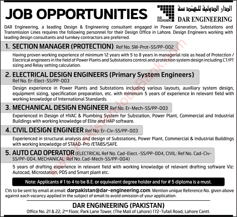 Dar Engineering Lahore Jobs 2015 June Design Engineers, Section Manager